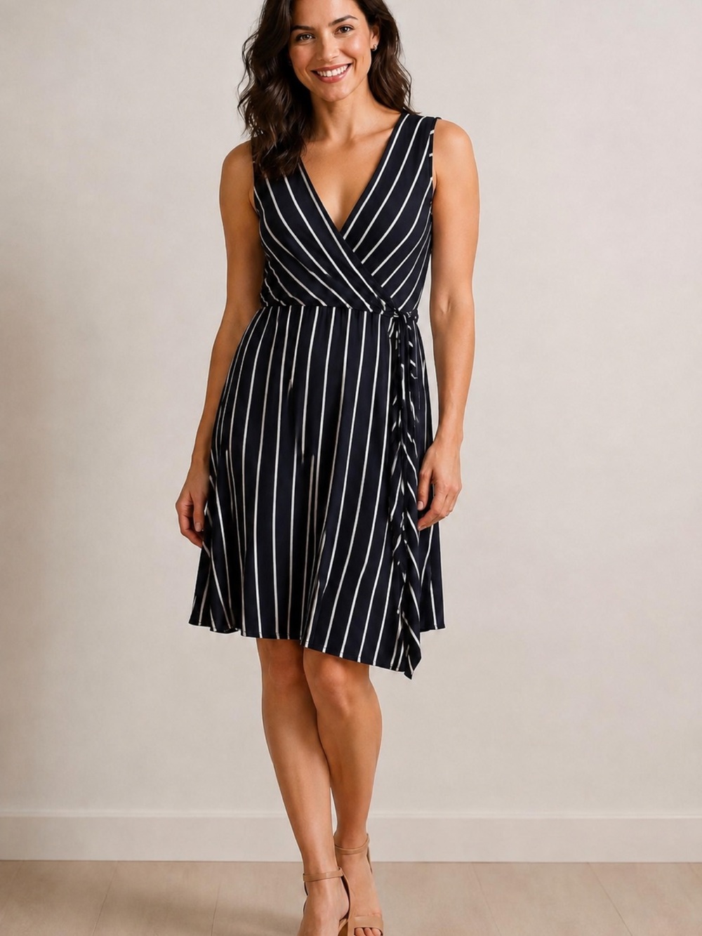White House Black Market Navy and White Striped Wrap Midi Dress